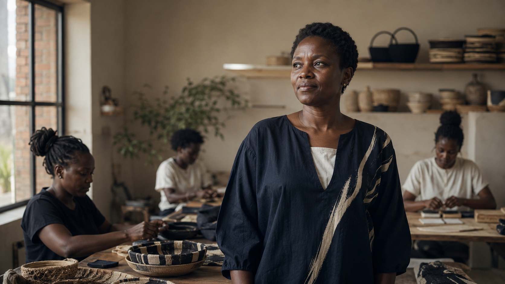A social-enterprise leader standing confidently in her cooperative workshop, colleagues at work behind her