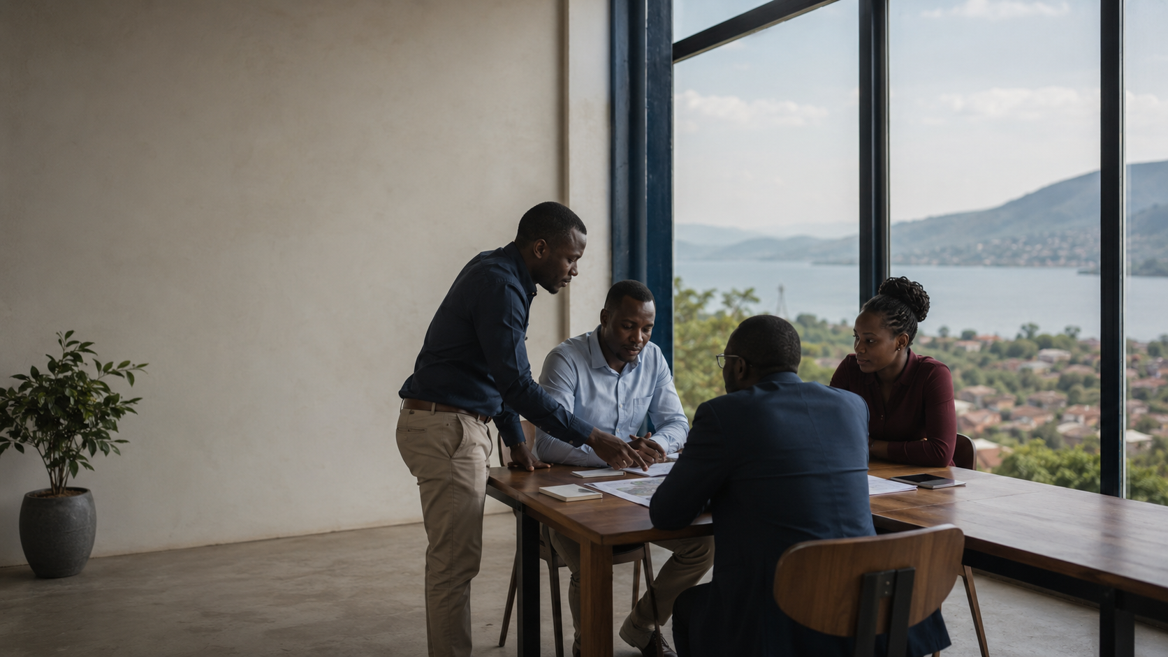 Consultants and local partners in conversation in a sunlit Bujumbura office, the hills of the Great Lakes region visible through the window