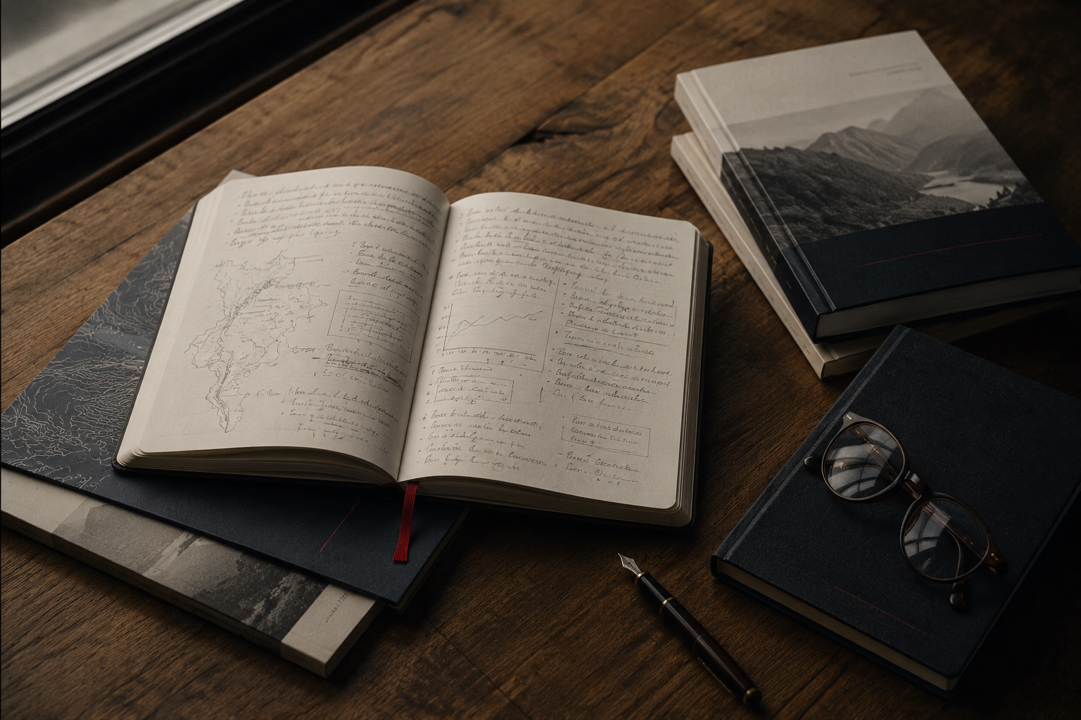 An open notebook with handwritten notes and diagrams resting on a stack of research reports by a window