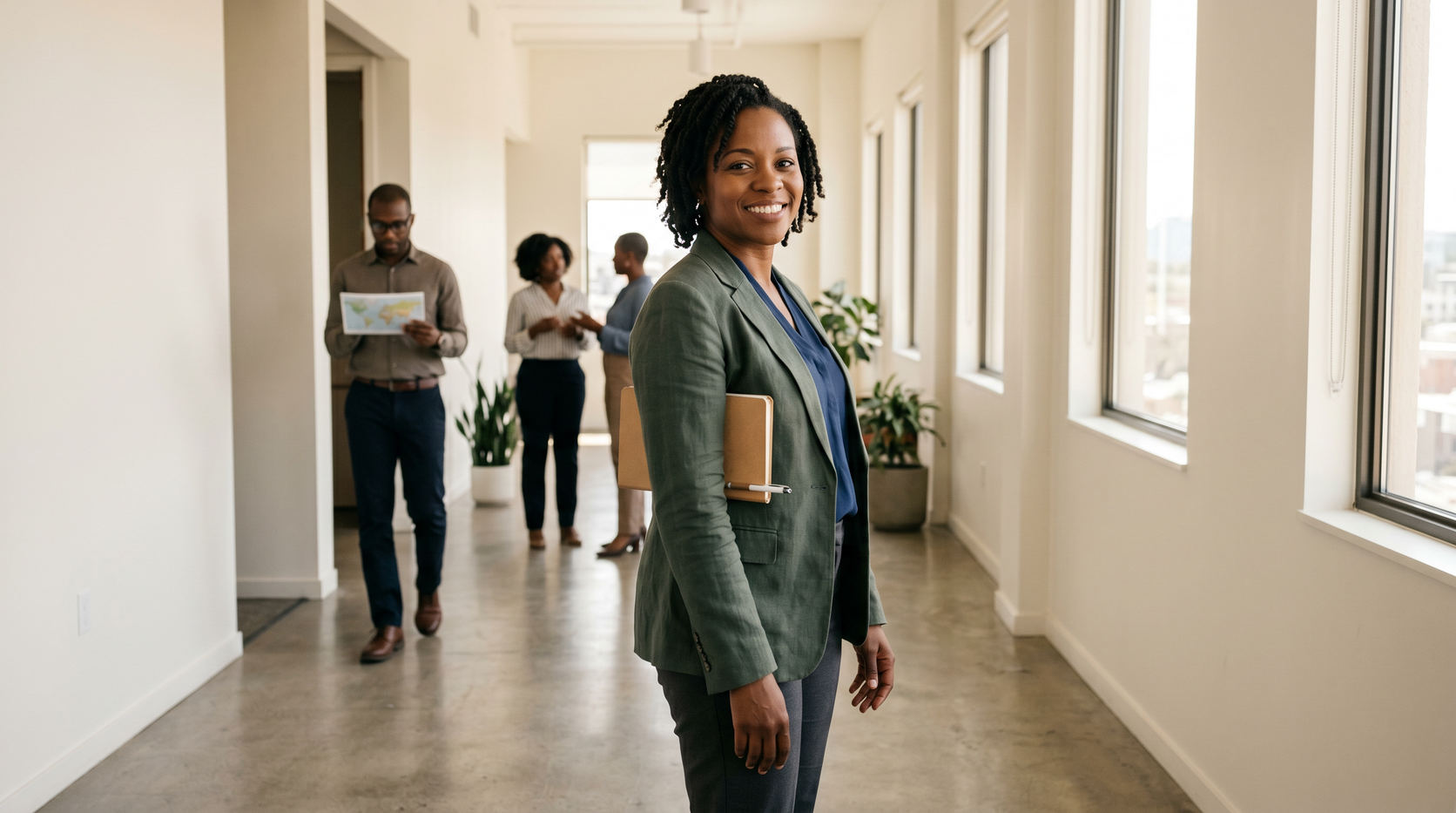 A consultant pausing in a bright office corridor, colleagues at work in the background