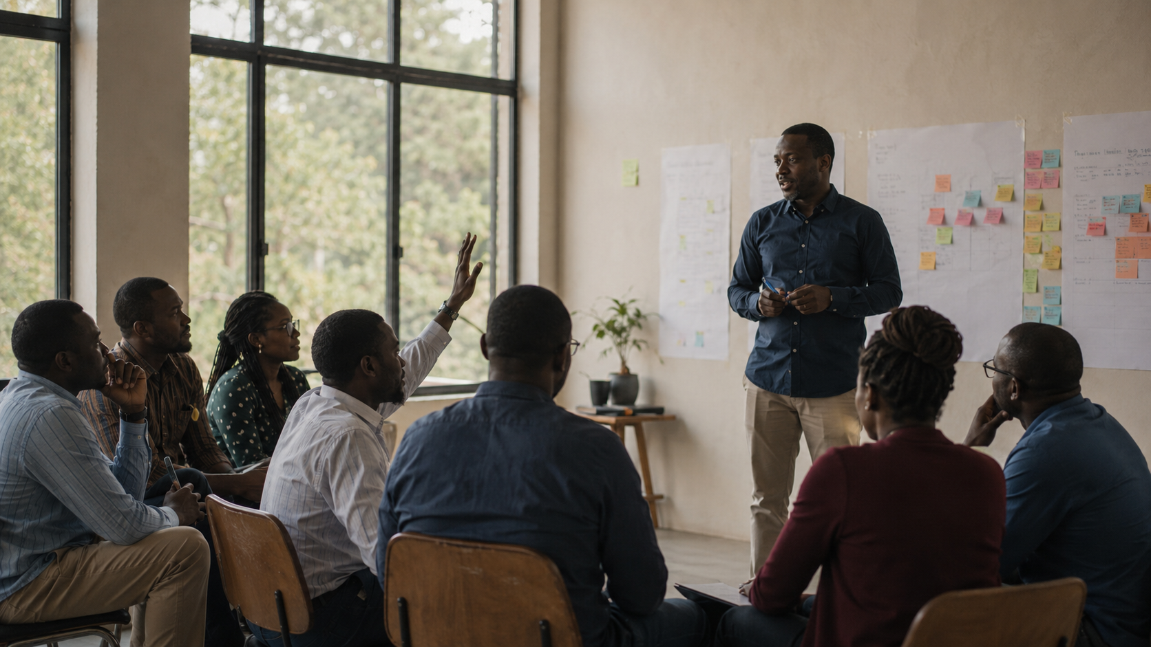 A facilitator leading an engaged learning lab with a cohort of participants seated around a wall of notes