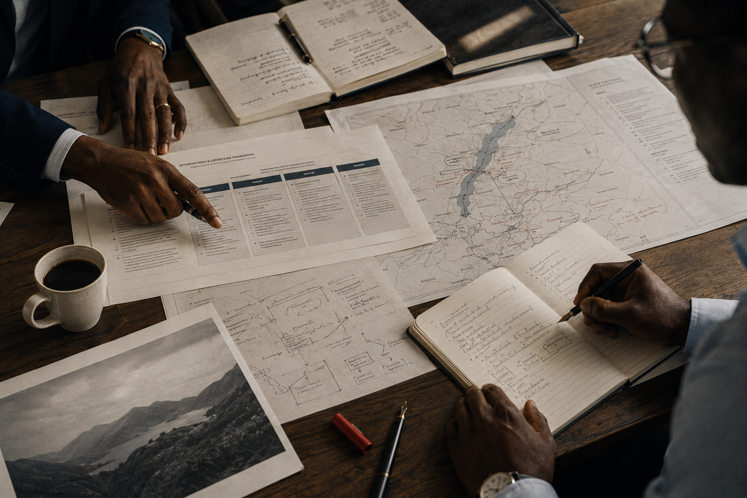 A strategy workshop in progress with printed methodology frameworks and a hand-annotated regional map spread across a wooden table